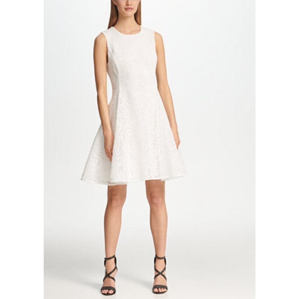 DKNY White Floral Textured Mesh Fit And Flare Lined Dress Sleeveless Size 8
